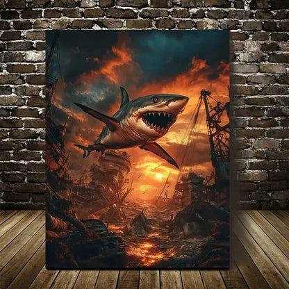 Steampunk Shark Wrestling Glowing Sunset Sky Painting 40x60cm Metal Print Ready to Hang - Bella Home Decor
