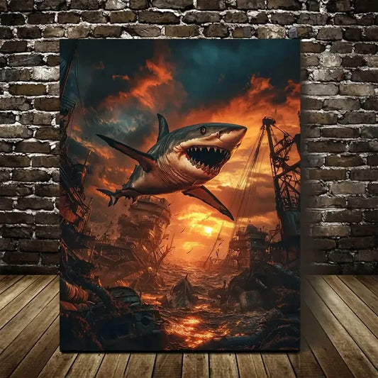 Steampunk Shark Wrestling Glowing Sunset Sky Painting 40x60cm Metal Print Ready to Hang - Bella Home Decor