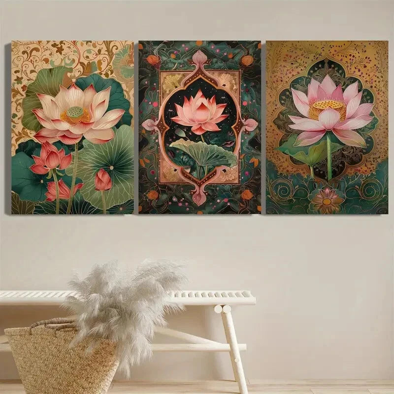 3pcs Vintage for Lotus Pattern Painting Metal Print Ready to Hang Art - Bella Home Decor
