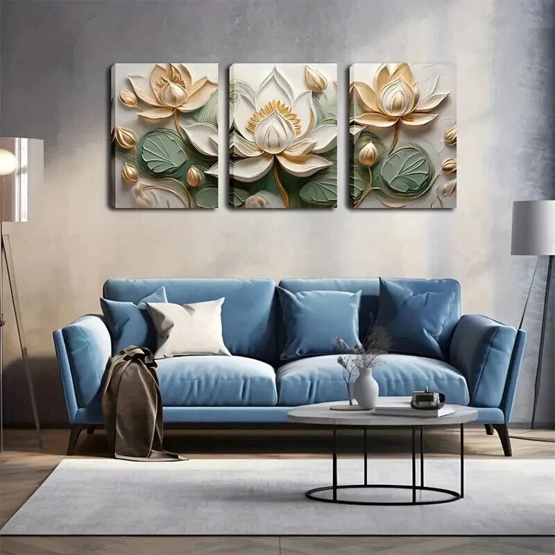 3pcs Golden & Green Flower Triptych Perfect Wall Art Set Canvas Framed 60x90cm - High Quality Print 100% Australian Made Wall Canvas Ready to Hang - Bella Home Decor