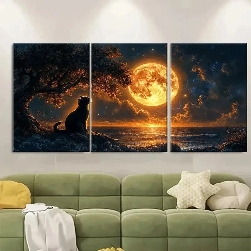 3pcs Feline Silhouette Moonlit Tree  Wall Art Set Canvas Framed 60x90cm - High Quality Print 100% Australian Made Wall Canvas Ready to Hang - Bella Home Decor