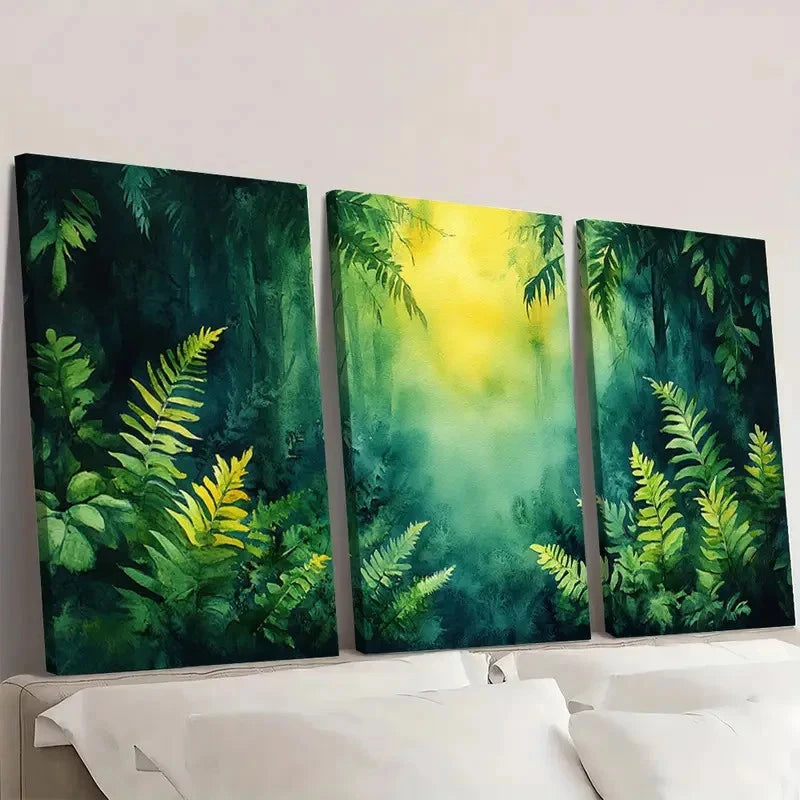 3pcs Vibrant Green Leaves & Yellow Accents YA Wall Art Set Canvas Framed 60x90cm - High Quality Print 100% Australian Made Wall Canvas Ready to Hang - Bella Home Decor
