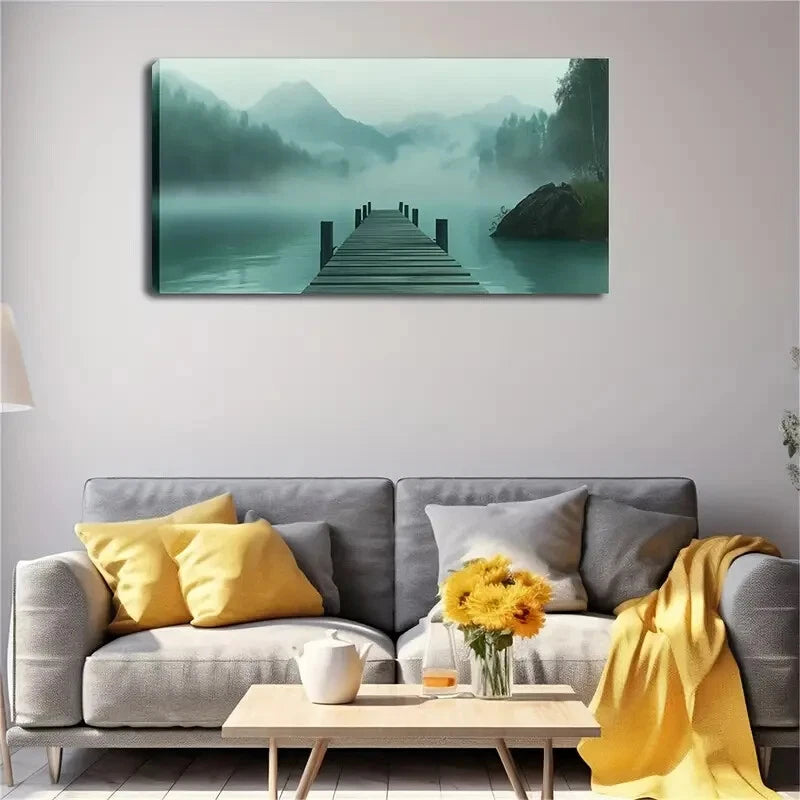 Serene Lake Scene Misty Wall Art Canvas Office Home Room Framed 120x60cm - Bella Home Decor