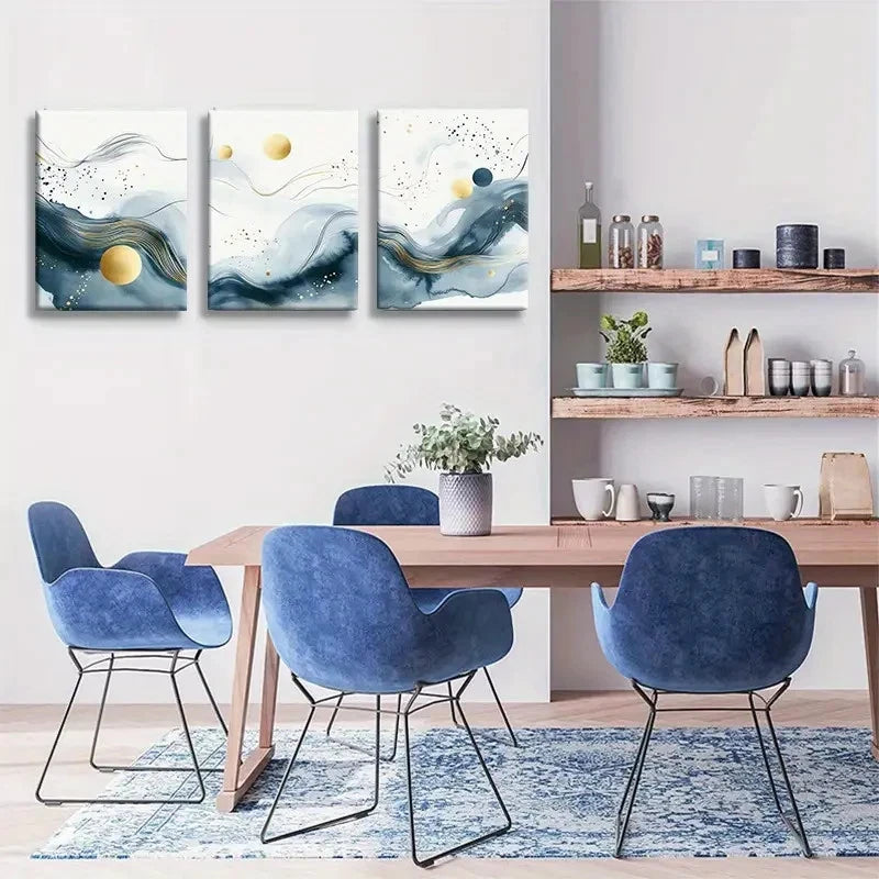 3pcs Abstract Blue and Golden Flowing Wave Metal Print Ready to Hang Art - Bella Home Decor