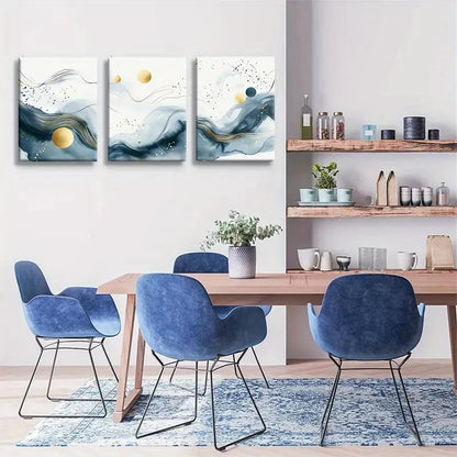 3pcs Abstract Blue and Golden Flowing Wave Metal Print Ready to Hang Art - Bella Home Decor