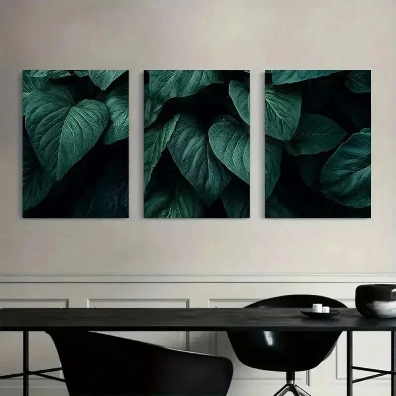 3pcs Botanical Leaf Art Paintings - Dark Green Metal Print Ready to Hang Art - Bella Home Decor