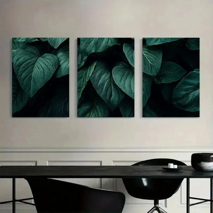 3pcs Botanical Leaf Art Paintings - Dark Green Metal Print Ready to Hang Art - Bella Home Decor