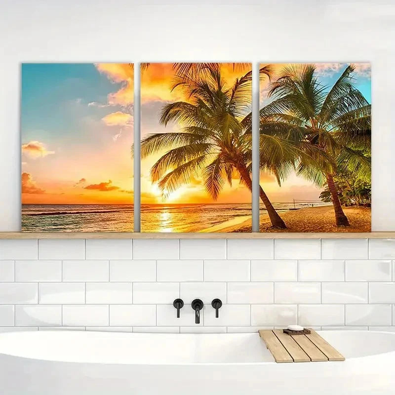 3pcs Sea Landscape Modern Wall Art Ocean Sunset Metal Print Ready to Hang Art - Bella Home Decor