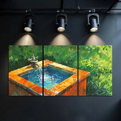 3pcs Small Square Water Tank with Orange Tiles Metal Print Ready to Hang Art