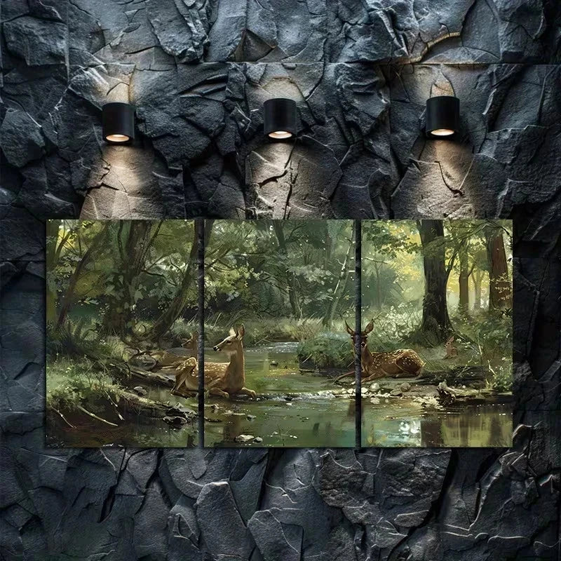 3pcs Forest Deer & Trees Scene Metal Print Ready to Hang Art - Bella Home Decor