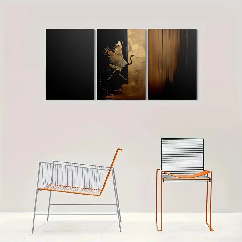 3pcs Black & Golden Crane Abstract Design Metal Print Ready to Hang Art - Bella Home Decor