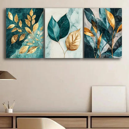 3pcs Teal and Golden Leaf Painting Metal Print Ready to Hang Art - Bella Home Decor