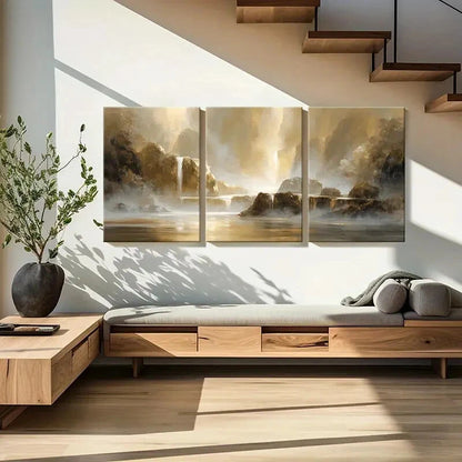 3pcs Golden Light Mountain Scenery Abstract Metal Print Ready to Hang Art - Bella Home Decor