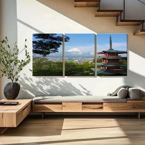 3pcs Japanese Temple Mount Fuji Wall Art Set Canvas Unframed - High Quality Print 100% Australian Made Wall Canvas