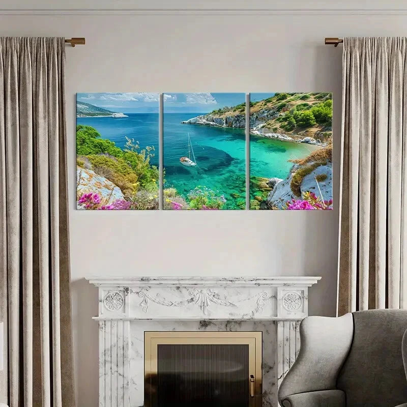 3pcs Seaside Tranquility Sailboat Crystal Metal Print Ready to Hang Art - Bella Home Decor