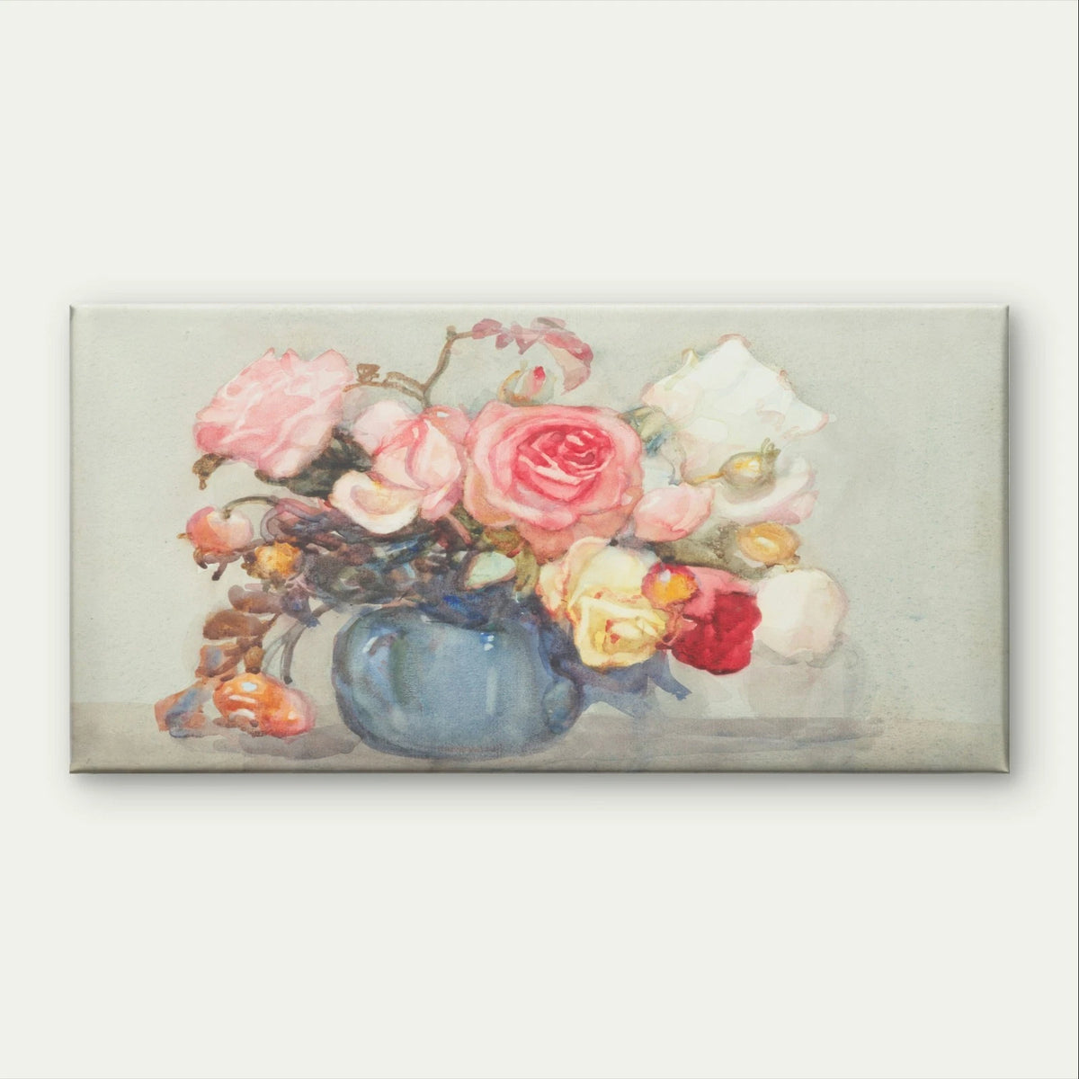 Vintage Watercolour Roses Pastel Wall Art Canvas Office Home Framed 120x60cm