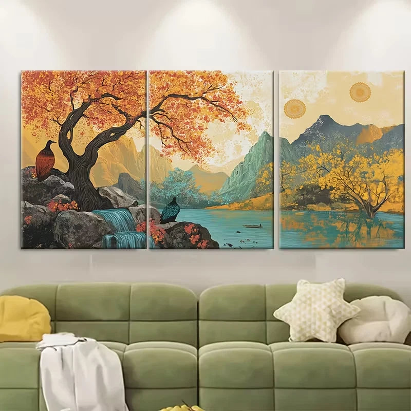 3pcs Autumn Scenery with Deer & Mountain View Metal Print Ready to Hang Art - Bella Home Decor