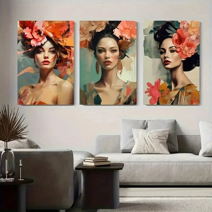 3pcs Floral Headpieces with Beautiful Women Metal Print Ready to Hang Art - Bella Home Decor