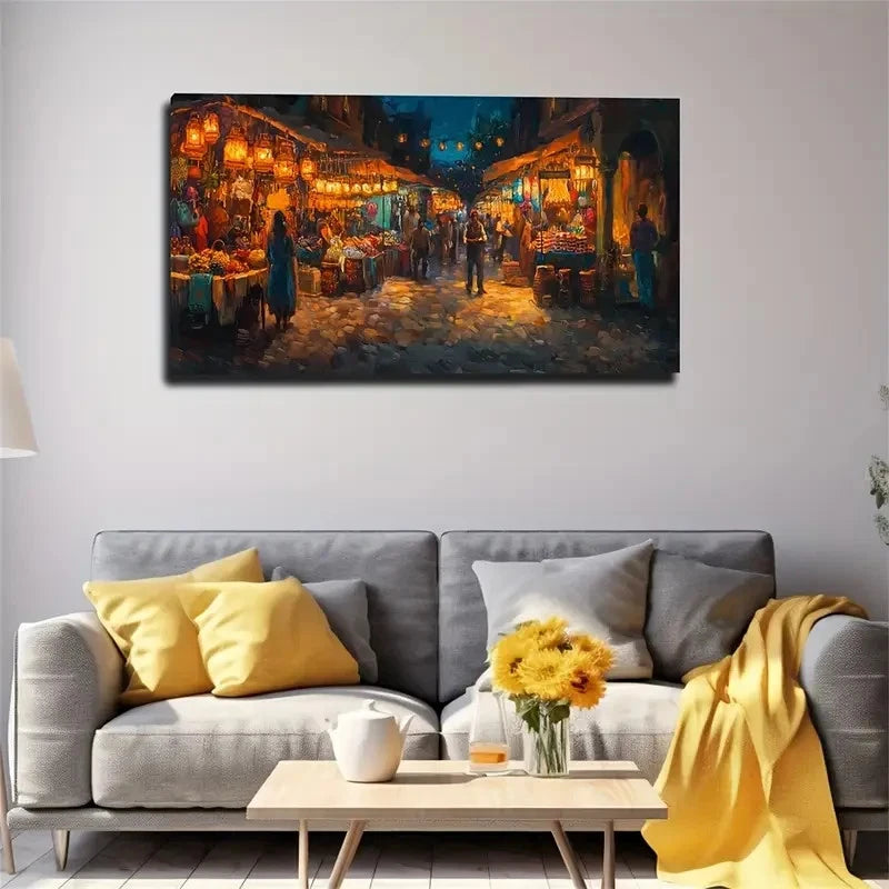 Night Market Modern Vibrant Wall Art Canvas Office Home Room Framed 120x60cm
