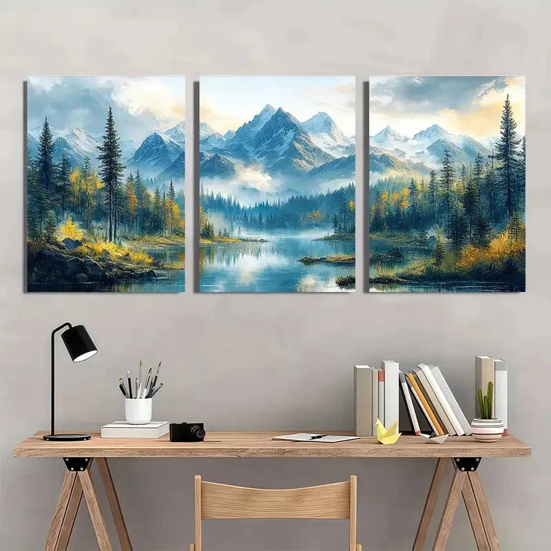 3pcs Mountain Triptych Rustic Forest Landscape Metal Print Ready to Hang Art - Bella Home Decor