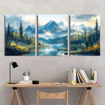 3pcs Mountain Triptych Rustic Forest Landscape Metal Print Ready to Hang Art - Bella Home Decor