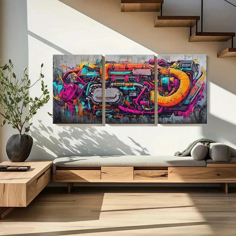 3pcs Engine Graffiti Art Colorful Mechanical Metal Print Ready to Hang Art