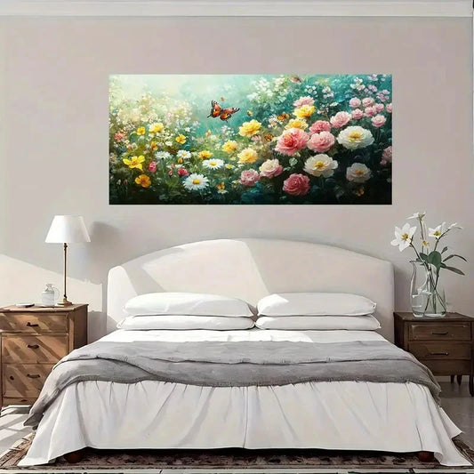 Floral Garden With Butterflies Wall Art Canvas Office Home Room Framed 120x60cm