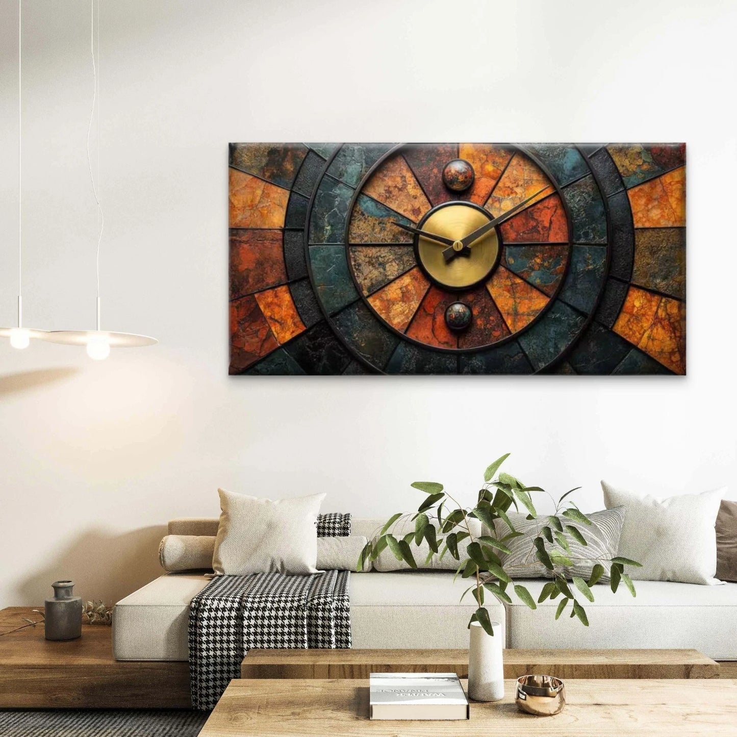 Mosaic Slate Wall Clock Wall Art Canvas Office Home Room Framed 120x60cm - Bella Home Decor