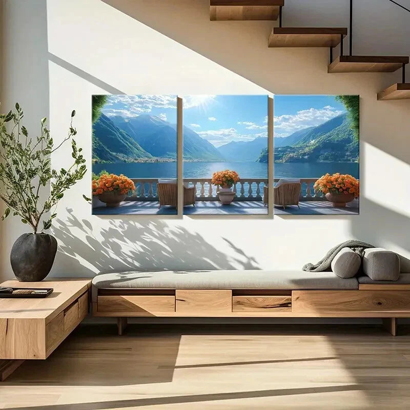 3pcs Vintage Lakeside Mountain View Balcony Metal Print Ready to Hang Art