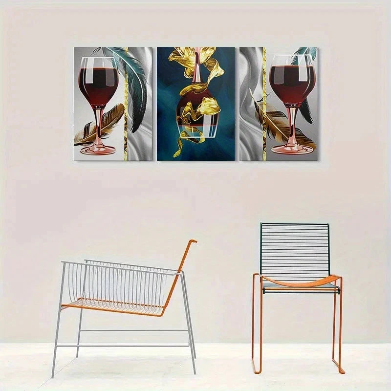 3pcs Abstract Wine Glass Golden Leaf Design Metal Print Ready to Hang Art - Bella Home Decor