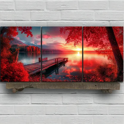 3pcs Pieces Red Leaves Scattered on The Dock Wall Art Canvas - High Quality Print 100% Australian Made Wall Canvas