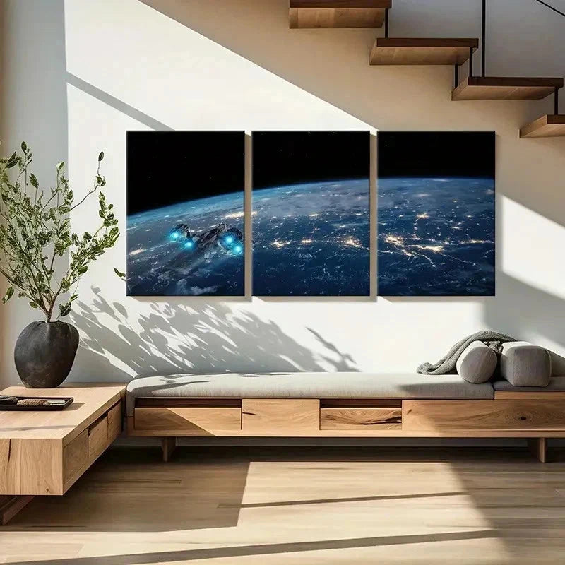 3pcs Outer Space Earth Spaceship Design Wall Art Set Canvas Framed 60x90cm - High Quality Print 100% Australian Made Wall Canvas Ready to Hang