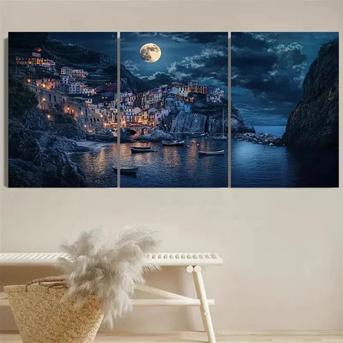 3pcs Italian Fishing Village at Midnight Wall Art Set Canvas Unframed - High Quality Print 100% Australian Made Wall Canvas - Bella Home Decor