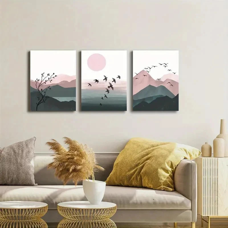 3pcs Bohemian Sun Mountains & Birds Lake View Metal Print Ready to Hang Art - Bella Home Decor