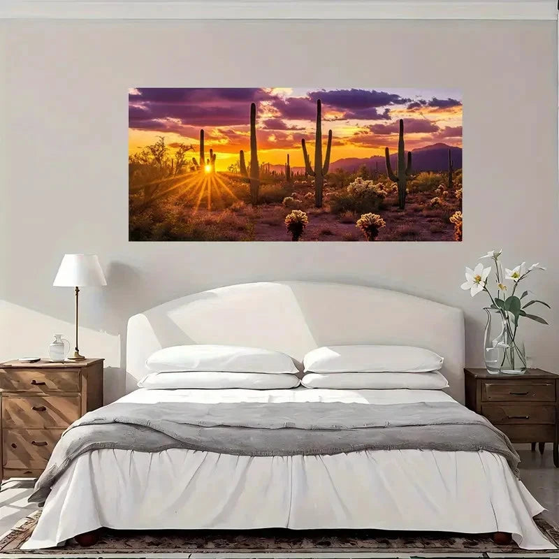 Desert Sunset With Cacti Wall Art Canvas Office Home Room Framed 120x60cm