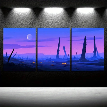 3pcs Vibrant Purple Planet Ruins Theme Metal Print Ready to Hang Art - Bella Home Decor