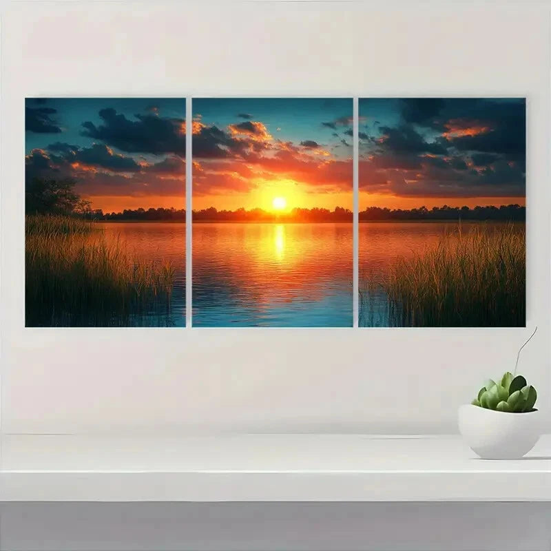 3pcs Serene Lakeside Sunset Teal & Golden Hues Metal Print Ready to Hang Art
