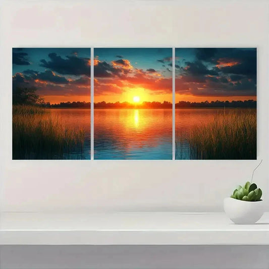 3pcs Serene Lakeside Sunset Teal & Golden Hues Metal Print Ready to Hang Art