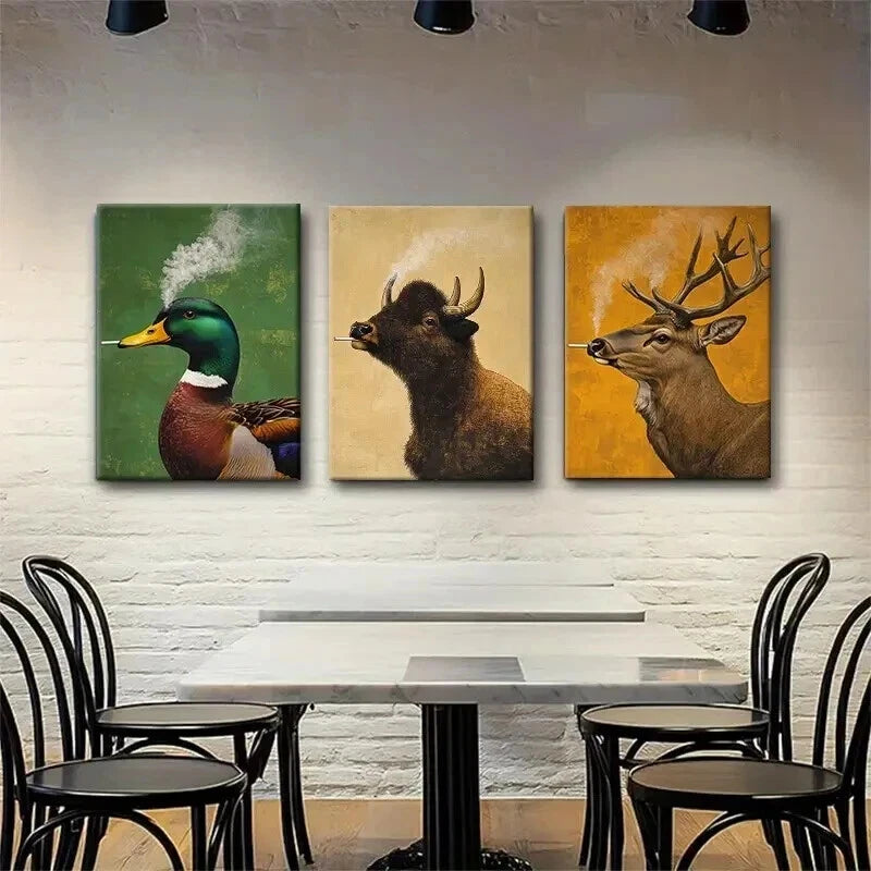 3pcs Vintage Animal Retro Style Triptych Perfect Wall Art Set Canvas Framed 50x70cm - High Quality Print 100% Australian Made Wall Canvas Ready to Hang