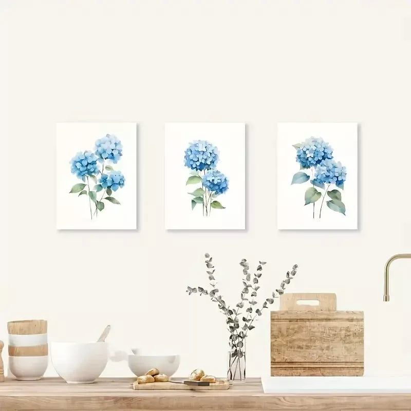 3pcs Farmhouse Blue Hydrangea Floral Wall Art Set Canvas Framed 50x70cm - High Quality Print 100% Australian Made Wall Canvas Ready to Hang - Bella Home Decor