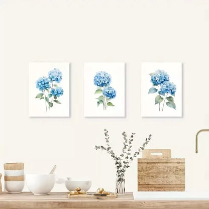 3pcs Farmhouse Blue Hydrangea Floral Wall Art Set Canvas Framed 50x70cm - High Quality Print 100% Australian Made Wall Canvas Ready to Hang - Bella Home Decor