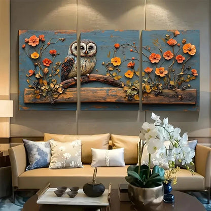 3pcs Rustic Owl with Floral Wildlife Design Metal Print Ready to Hang Art