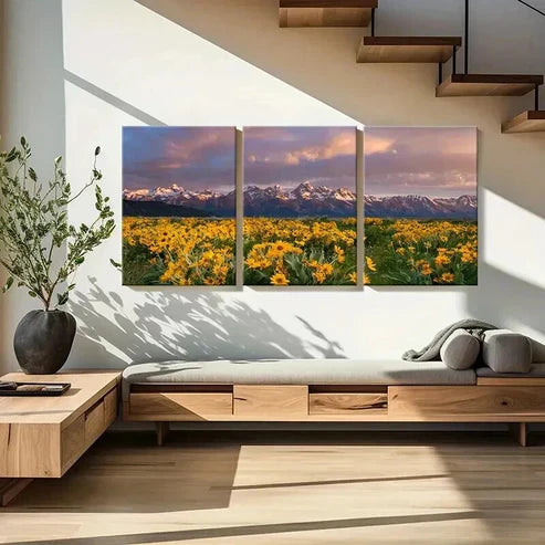 3pcs Flower Fields Mountains Sunset Modern Wall Art Canvas Unframed - High Quality Print 100% Australian Made Wall Canvas - Bella Home Decor