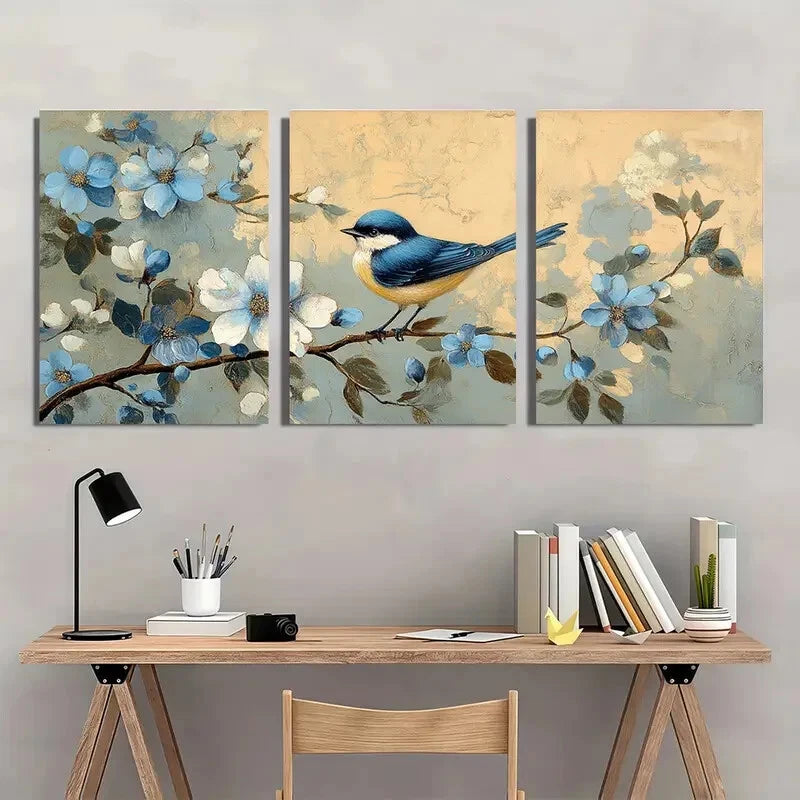3pcs Vintage Blue Wildflower Botanical Metal Print Ready to Hang Art - Bella Home Decor