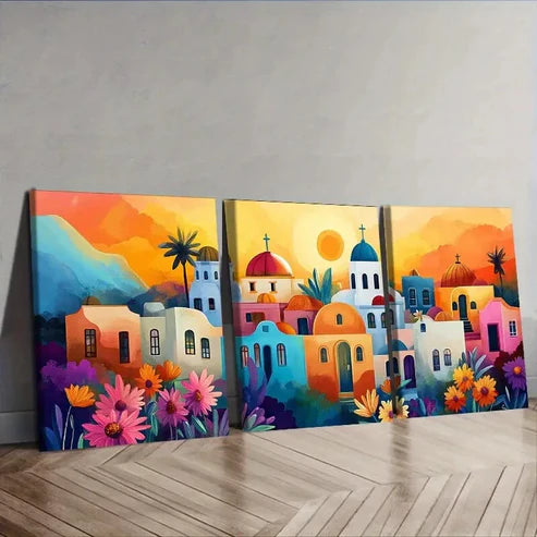 3pcs Greek Island Style Town Wall Art Set Canvas Unframed - High Quality Print 100% Australian Made Wall Canvas