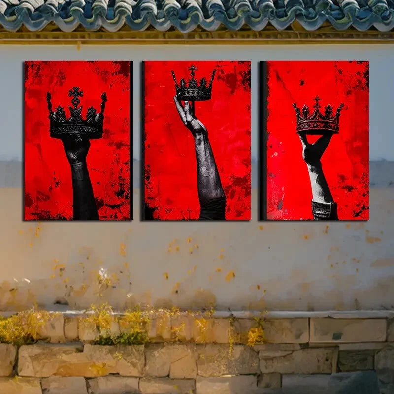 3pcs Chic Crown in Red Background Metal Print Ready to Hang Art - Bella Home Decor
