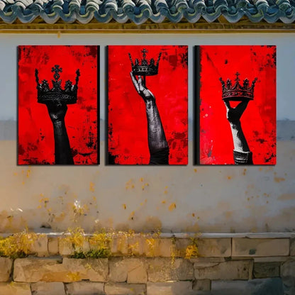 3pcs Chic Crown in Red Background Metal Print Ready to Hang Art - Bella Home Decor