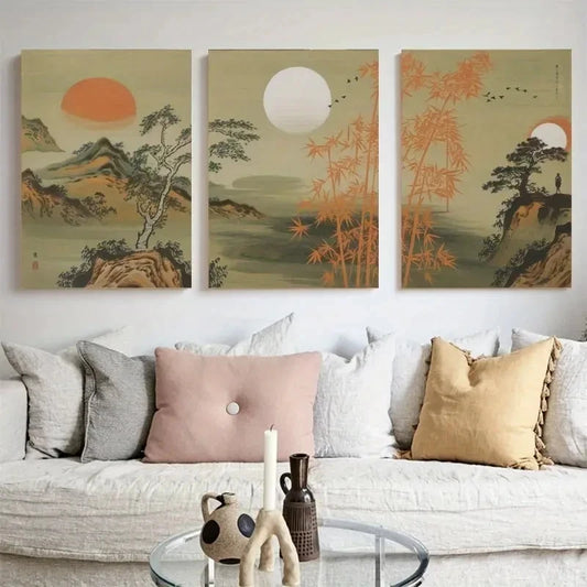 3pcs Bamboo Minimalist Style Natural Wall Art Set Canvas Framed 50x70cm - High Quality Print 100% Australian Made Wall Canvas Ready to Hang