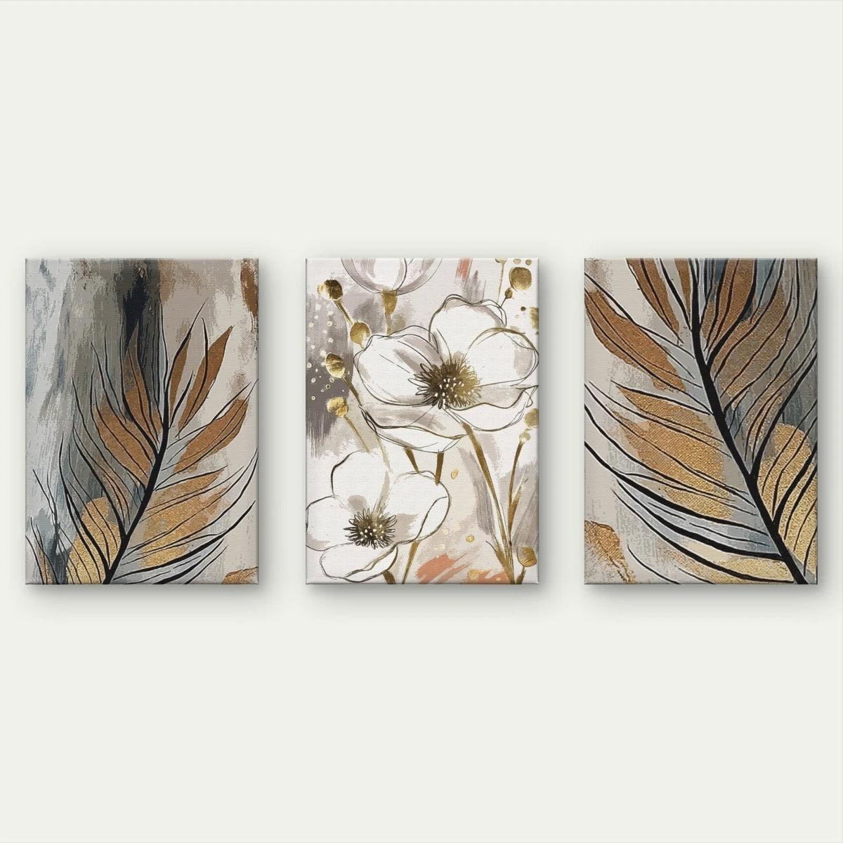 3pcs Modern Abstract White Floral and Feathers Wall Art Set Canvas Framed 60x90cm - High Quality Print 100% Australian Made Wall Canvas Ready to Hang