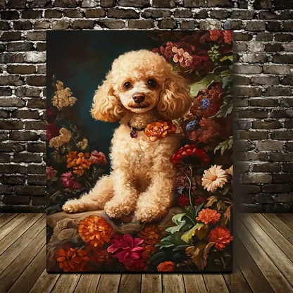 Cute Poodle Dog with Flowers & Plants Painting 40x60cm Metal Print Ready to Hang - Bella Home Decor